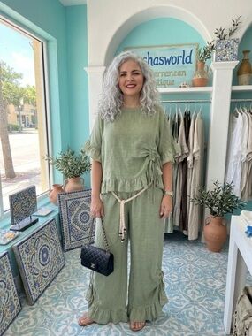 Rashasworld 100% linen green silk ruffle Wide Leg Pants & Top Set O/S